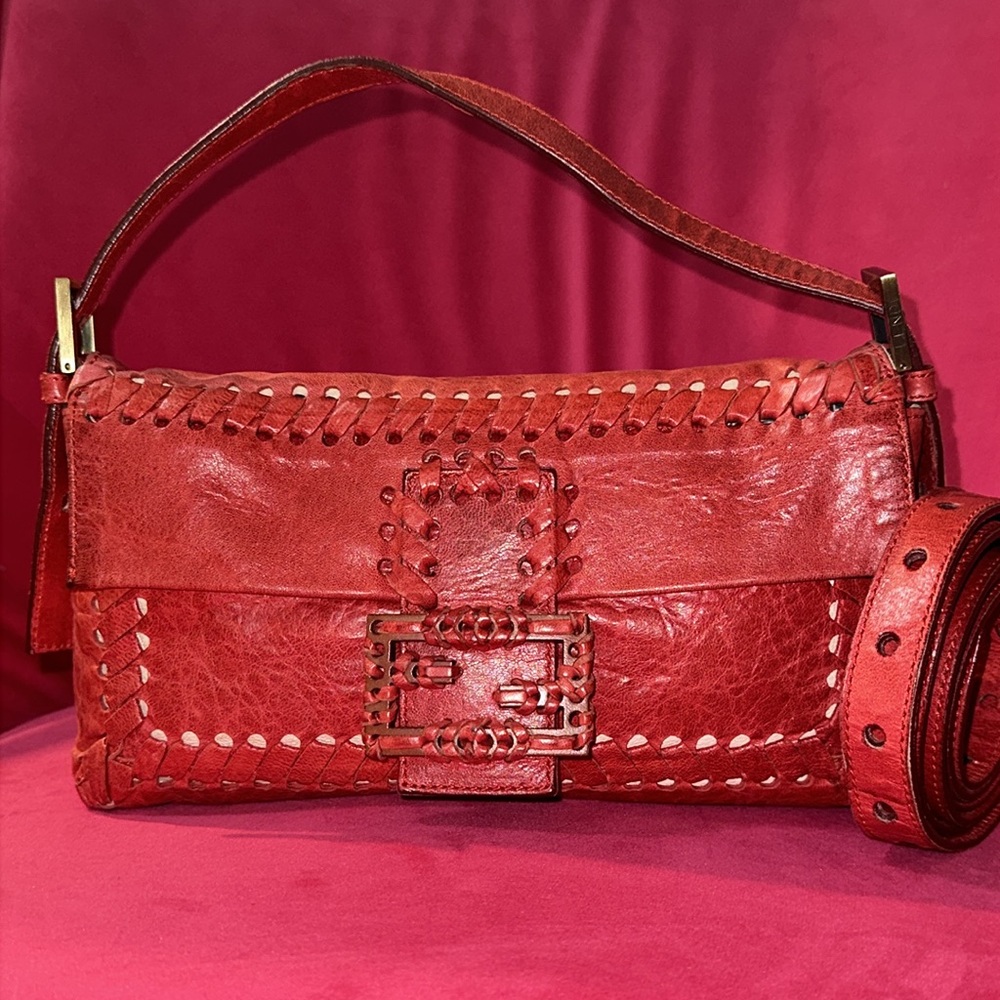 Fendi red leather whipstitch mama baguette shoulder crossbody convertible bag - Picture 16 of 16